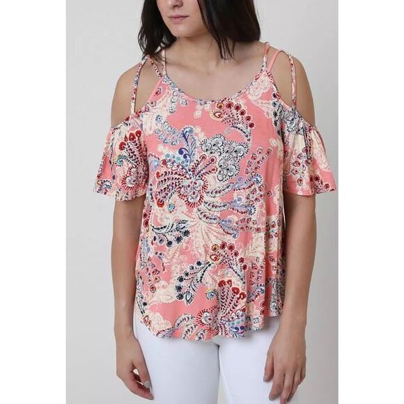 Daytrip Cold Shoulder Top Size Medium Pink Blue Paisley Print Ruffle Sleeve - Picture 7 of 7